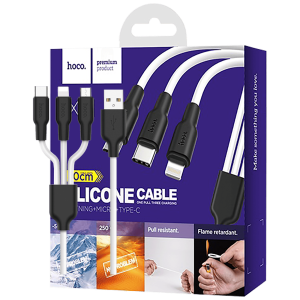 hoco. USB kabel, 3in1, microUSB, type C, Lightning, 1.2 met., 2 A - X21 Silicone 3in1, Black/White