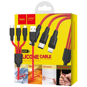 hoco. USB kabel, 3in1, microUSB, type C, Lightning, 1.2 met., 2 A - X21 Silicone 3in1, Black/Red